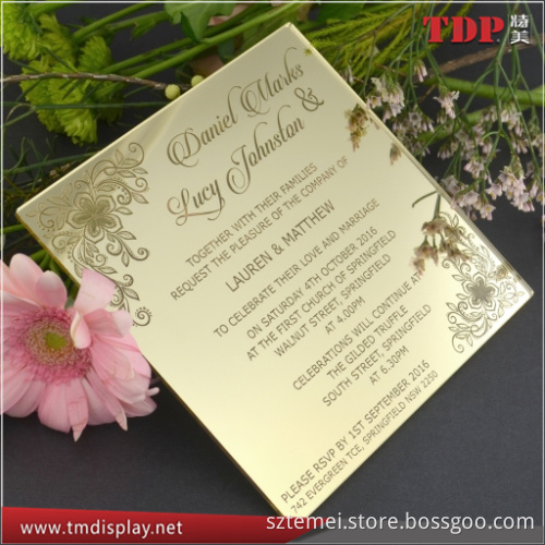 2016 new engraved mirror glod acrylic wedding invitation card